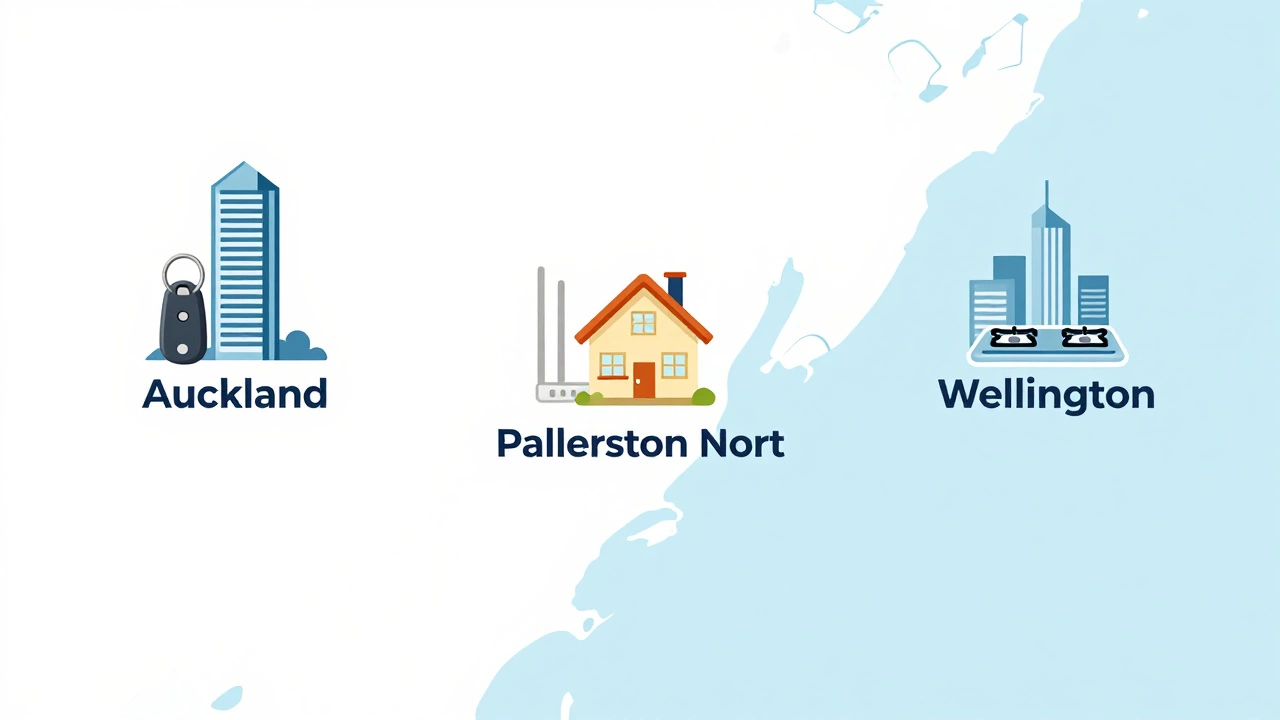 NZ map with icons for Auckland, Palmerston North, and Wellington housing features.