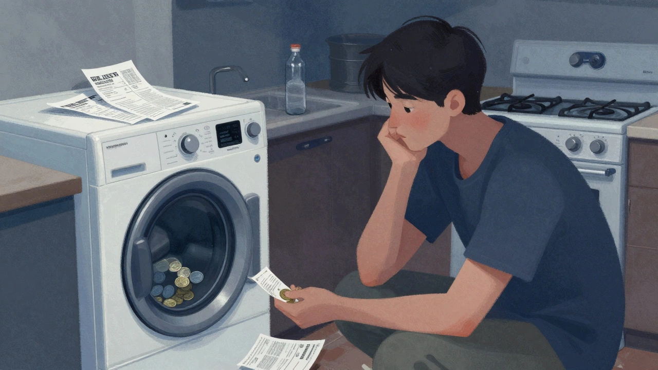 Student using laundry machine and checking bills in Wellington apartment.