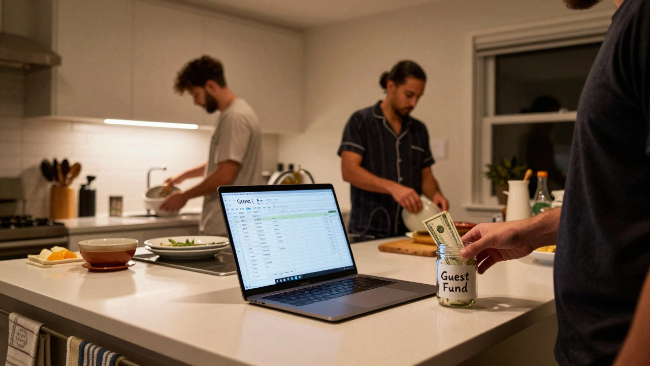 Two people washing dishes in a shared kitchen while a third adds money to a 'Guest Fund' jar beside a laptop showing a guest log.