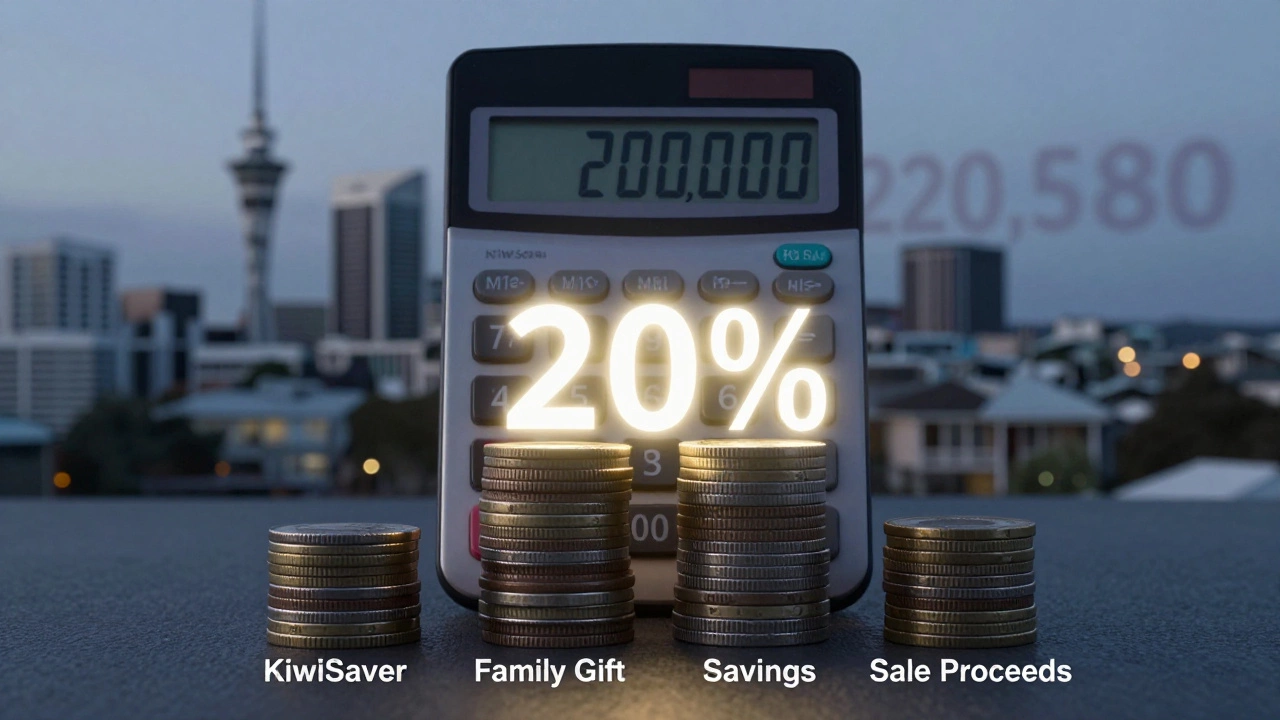 A calculator showing 0,000 with four stacked piles of coins representing downpayment sources, the 20% pile glowing brightly.