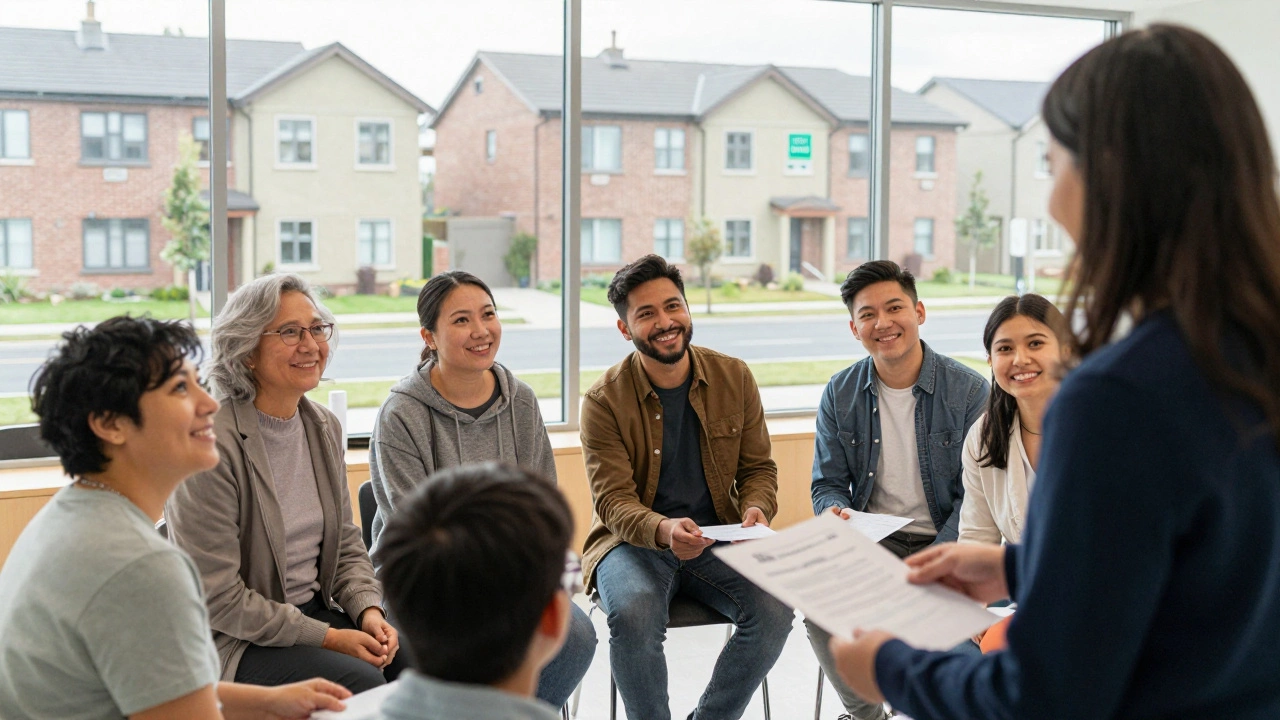 A diverse group of people receiving shared ownership documents in a community center.