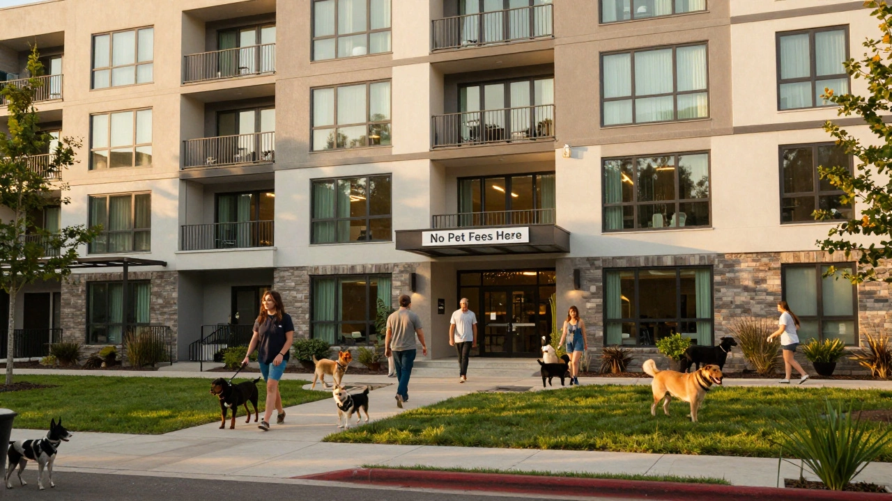 A modern apartment building with a dog park and 'No Pet Fees' signage.