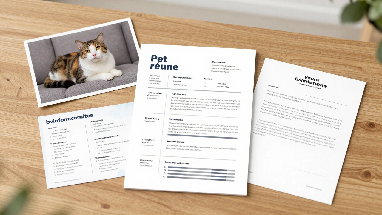 A pet resume with vet records and photos laid out to prove a pet's good behavior.