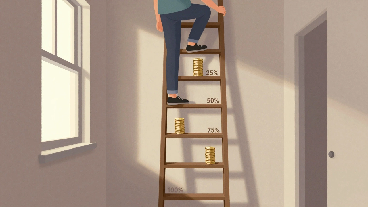 A visual ladder showing ownership progression from 25% to 100% with a person climbing and earning equity coins.