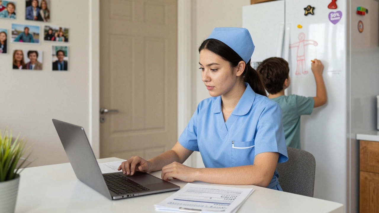 A woman reviewing her shared ownership finances in her bright, lived-in kitchen.