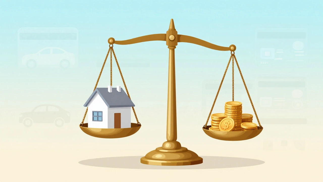 Balance scale with house model versus gold coins