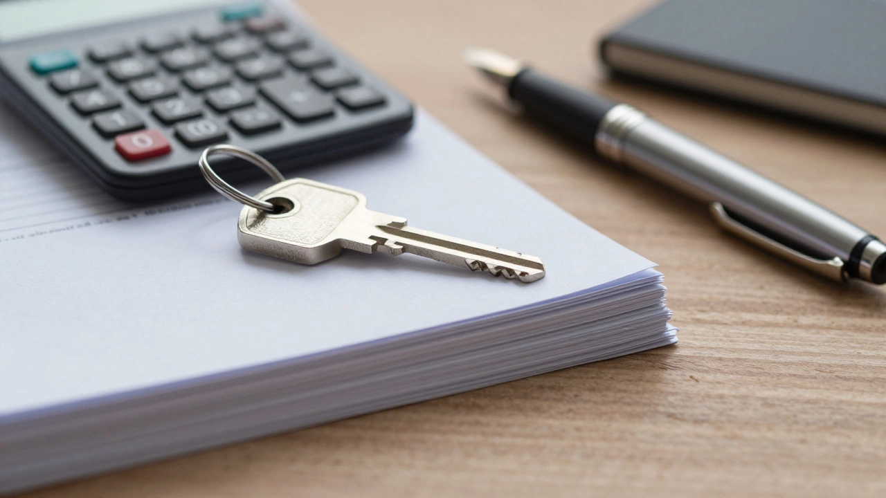 Desk closeup with documents calculator pen and key