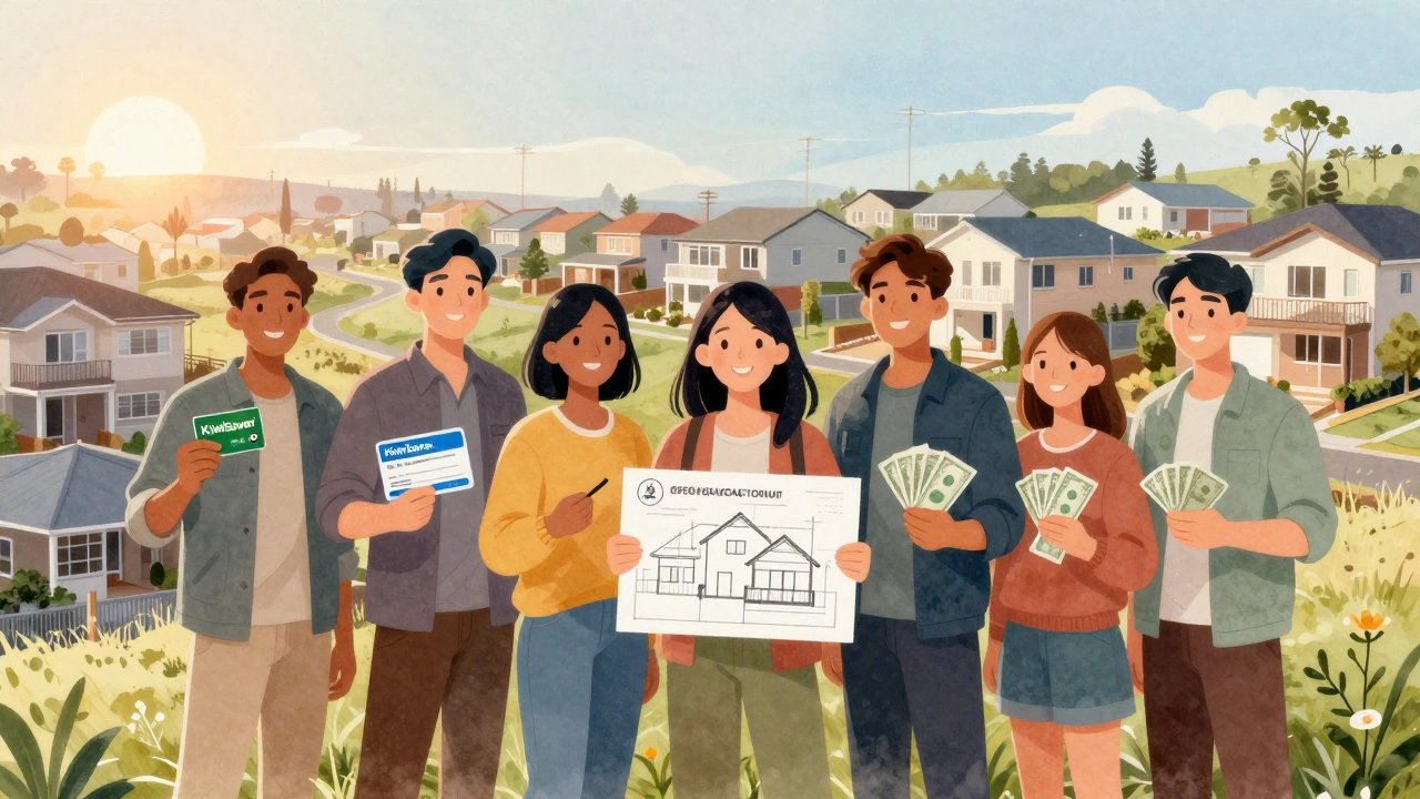 Diverse first-time buyers in New Zealand holding tools like KiwiSaver card, grant letter, and house plan under a sunrise sky.