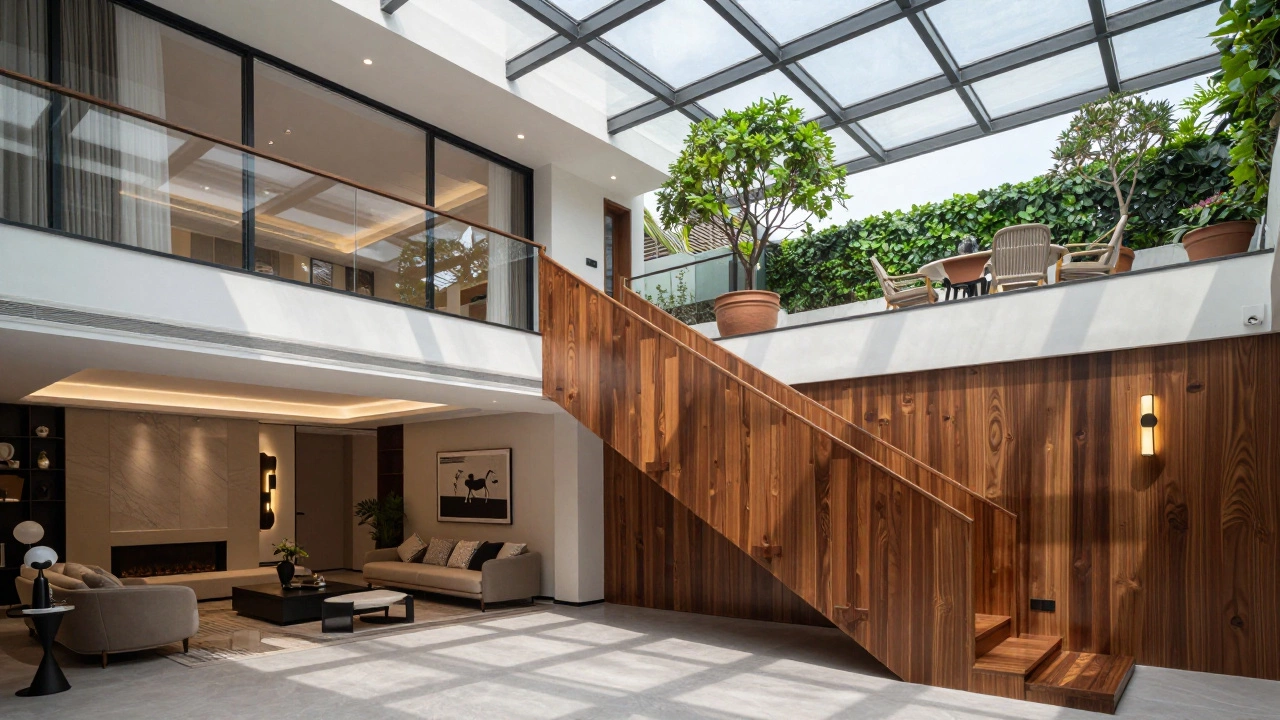 Duplex penthouse interior with private staircase leading to a rooftop garden and elegant living space.