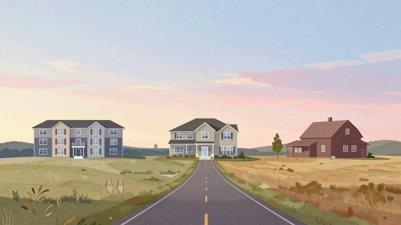 Landscape with road splitting toward city, suburb, and farm homes