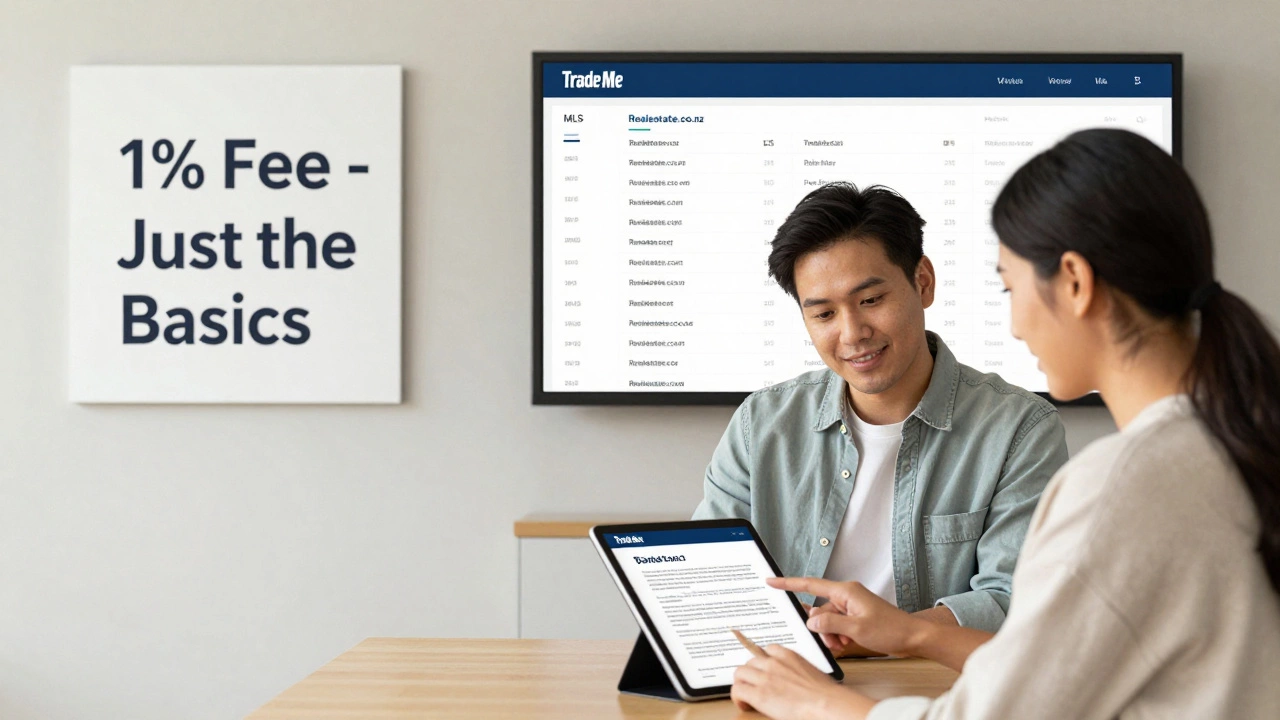 Modern discount real estate office with professional helping clients review a digital sales contract.