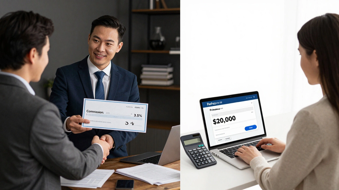 Split image: traditional realtor commission vs. homeowner saving thousands using flat-fee MLS service.