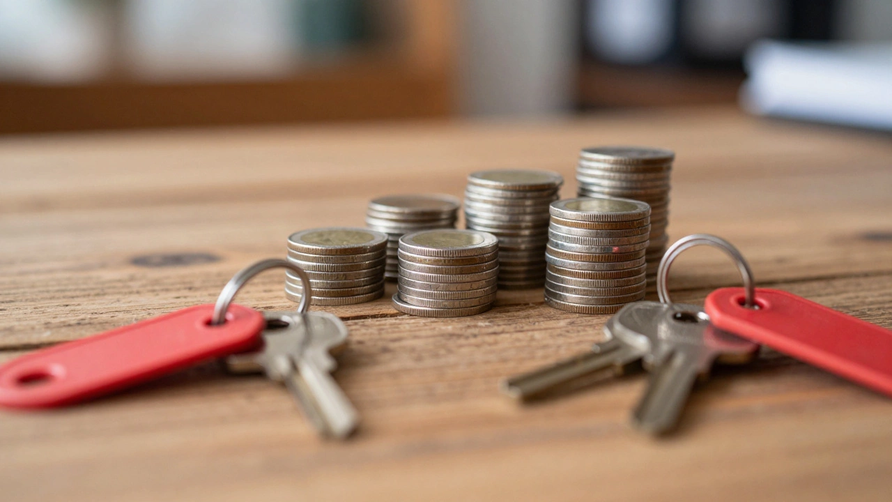 Stacked coins and house keys on a wooden table surface