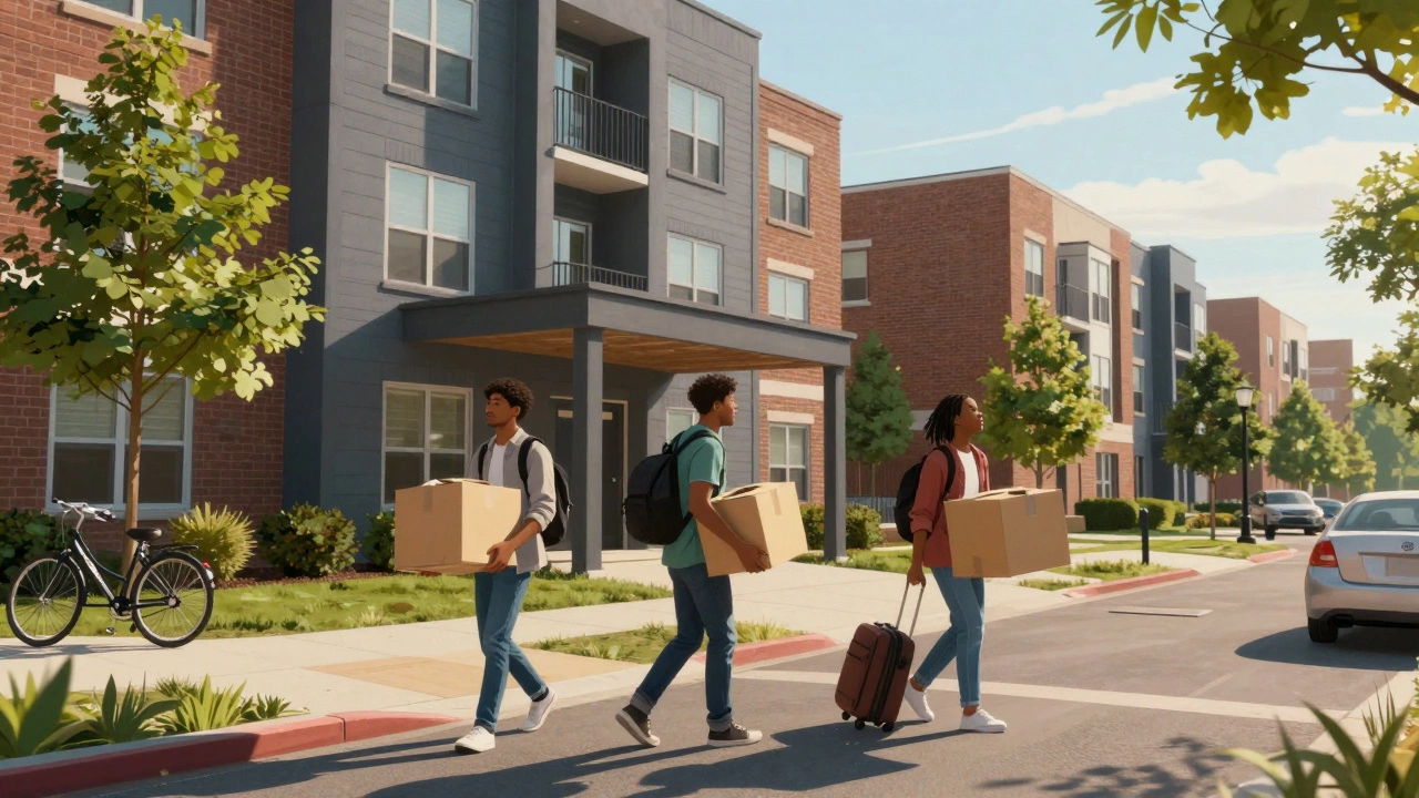 Students moving boxes into modern apartment building near campus with urban neighborhood backdrop