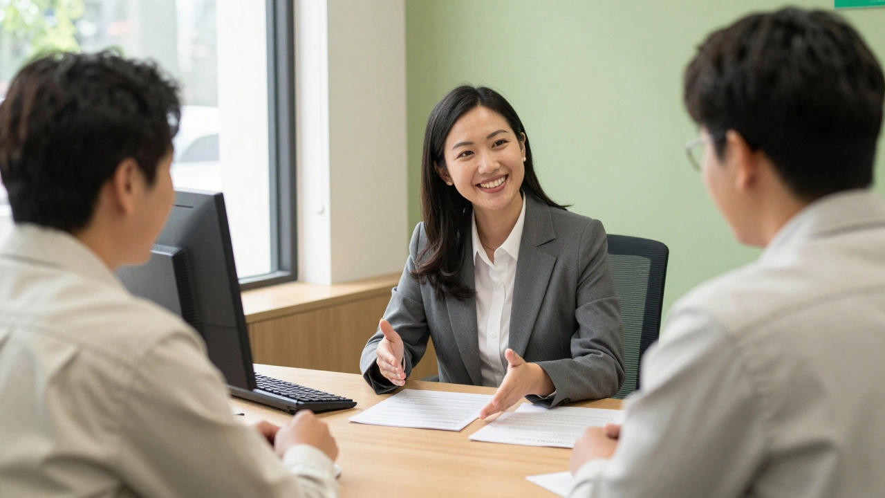 A couple meeting with a friendly loan officer at a local credit union.