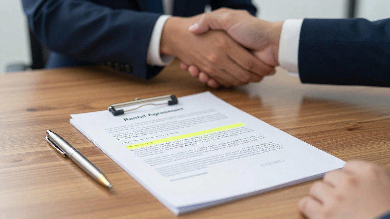 A highlighted no-pets clause in a signed rental agreement on a wooden desk.