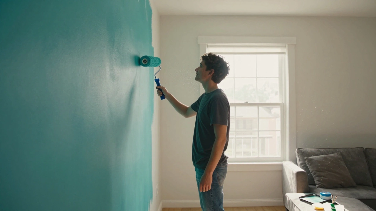 A person painting a living room wall teal, personalizing their shared ownership home.