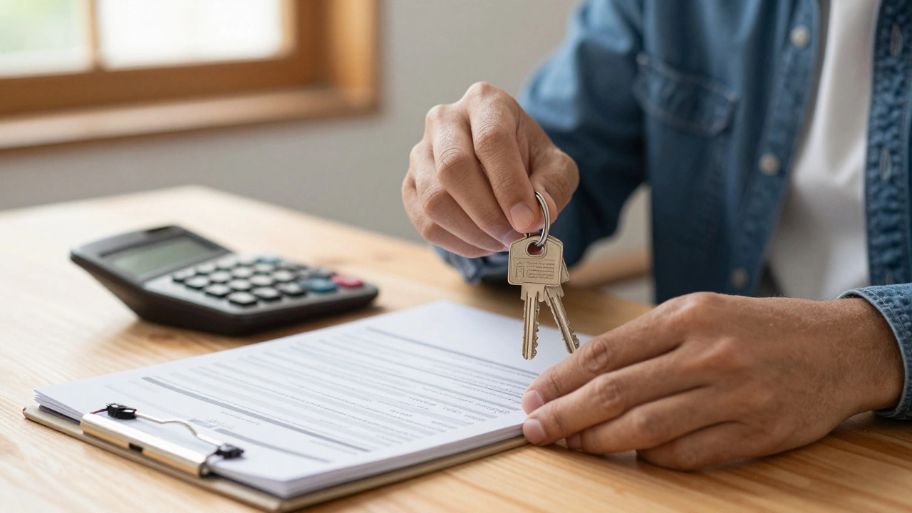 Close-up of house keys and a calculator on a table, representing home budget management.