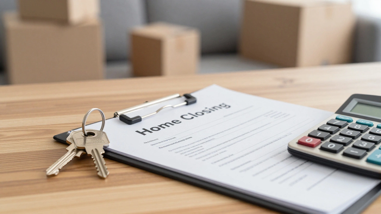 Close-up of house keys and financial documents on a table