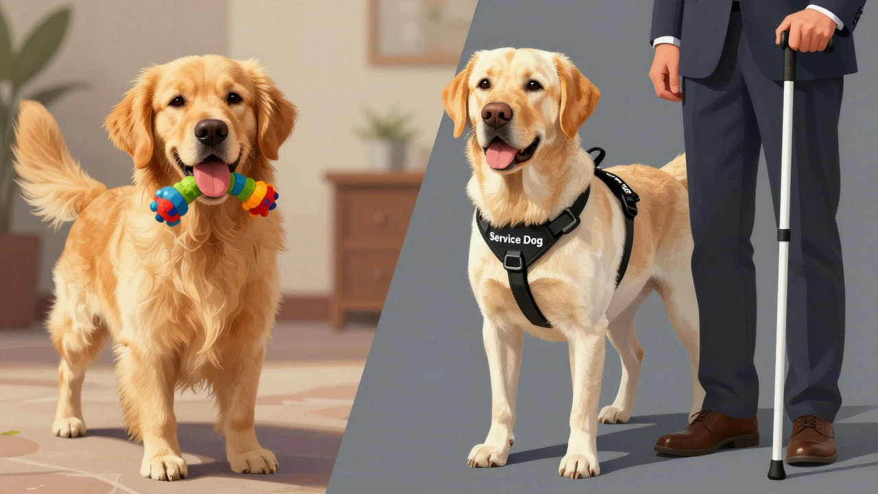 Comparison between a playful house dog and a trained service dog in a harness.