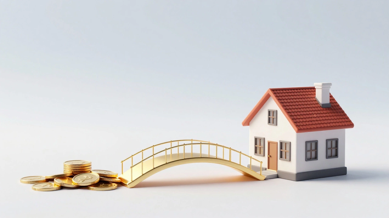 Conceptual 3D render of a golden bridge connecting savings to a miniature home