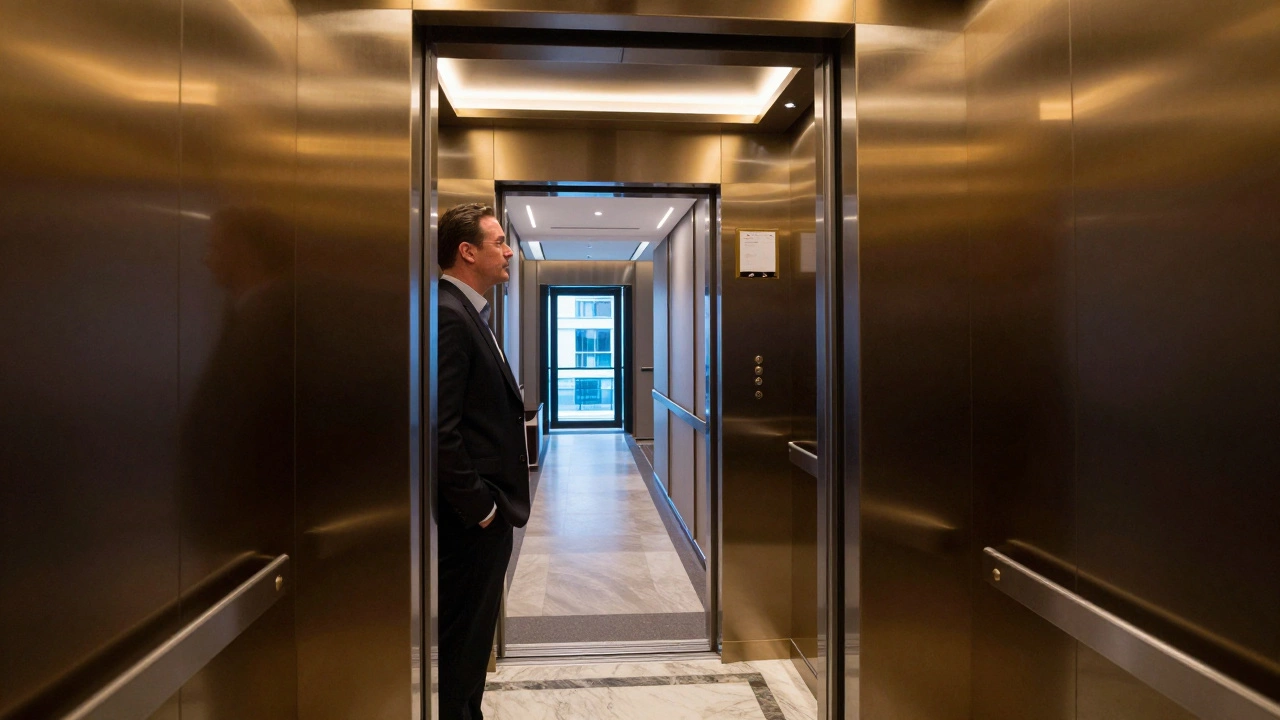 Interior of a sophisticated gold-paneled luxury elevator in a high-rise building.
