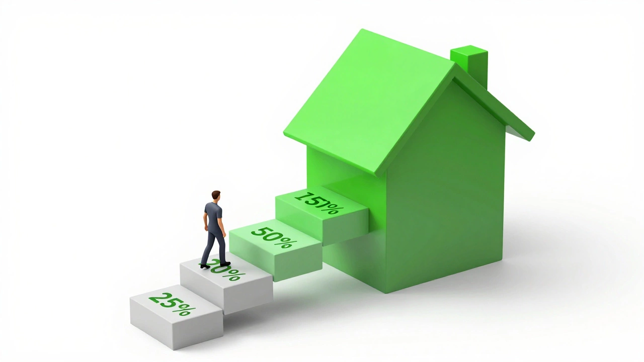 Isometric 3D illustration of a house shaped like stairs showing the process of staircasing to full ownership.