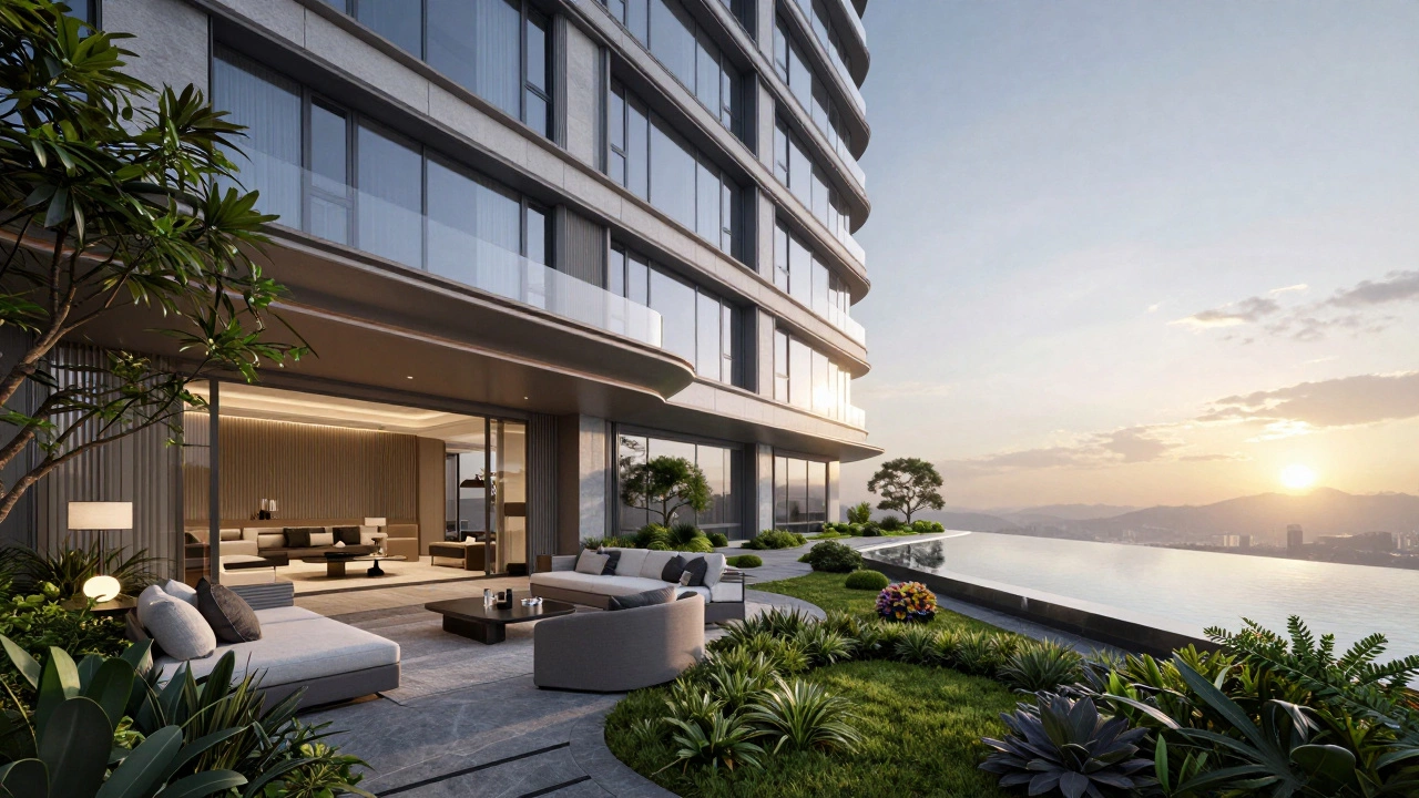 Luxury penthouse featuring a private rooftop garden and modern outdoor lounge area.