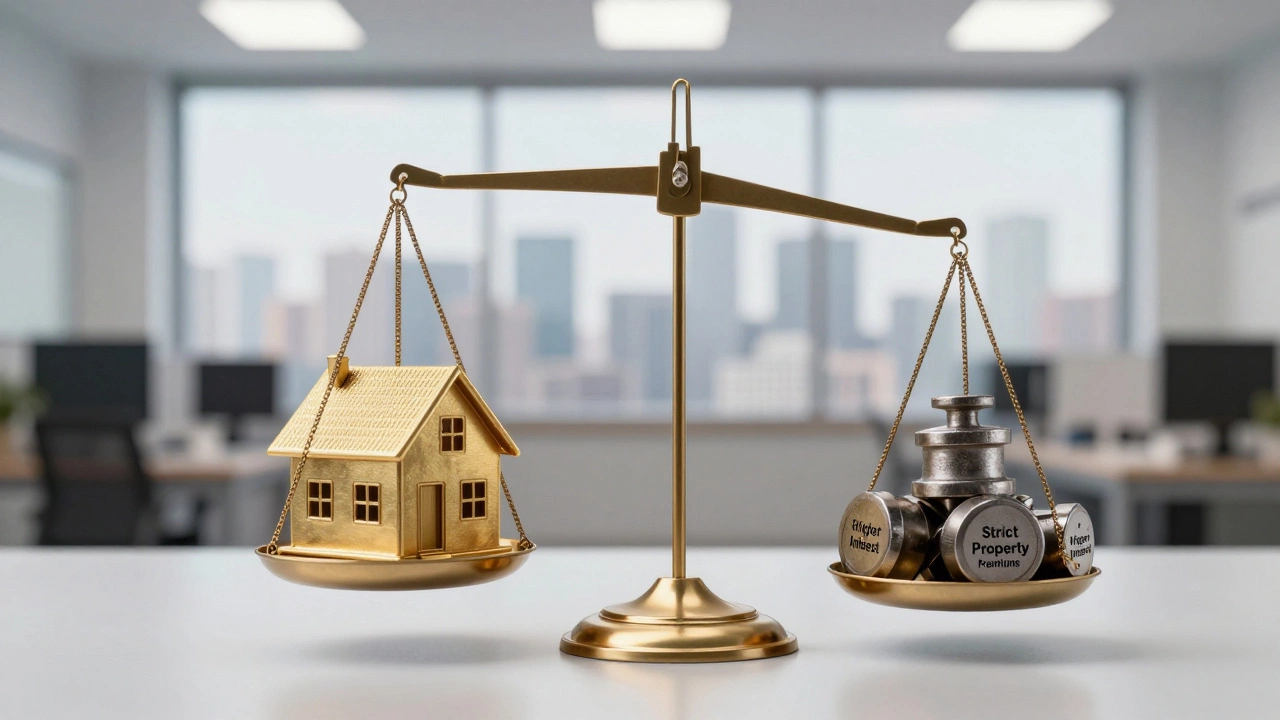 Balance scale tipping under the weight of FHA loan fees against a house model