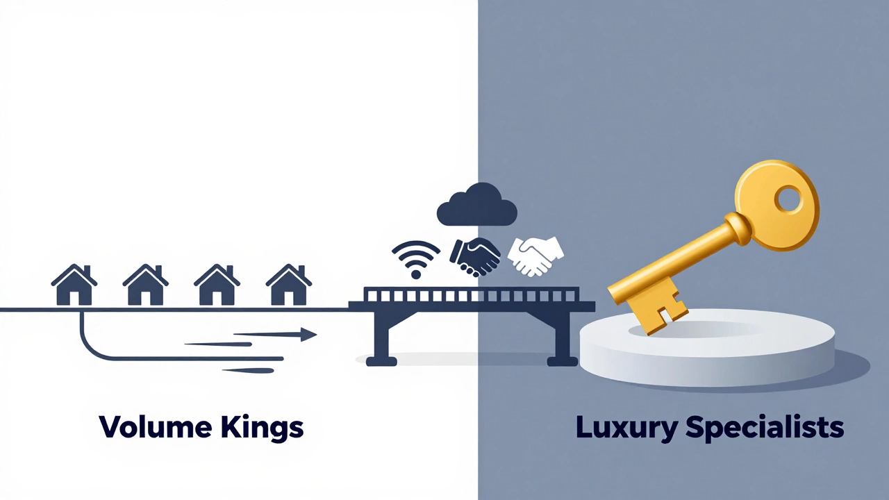 Conceptual graphic comparing volume vs luxury real estate success paths