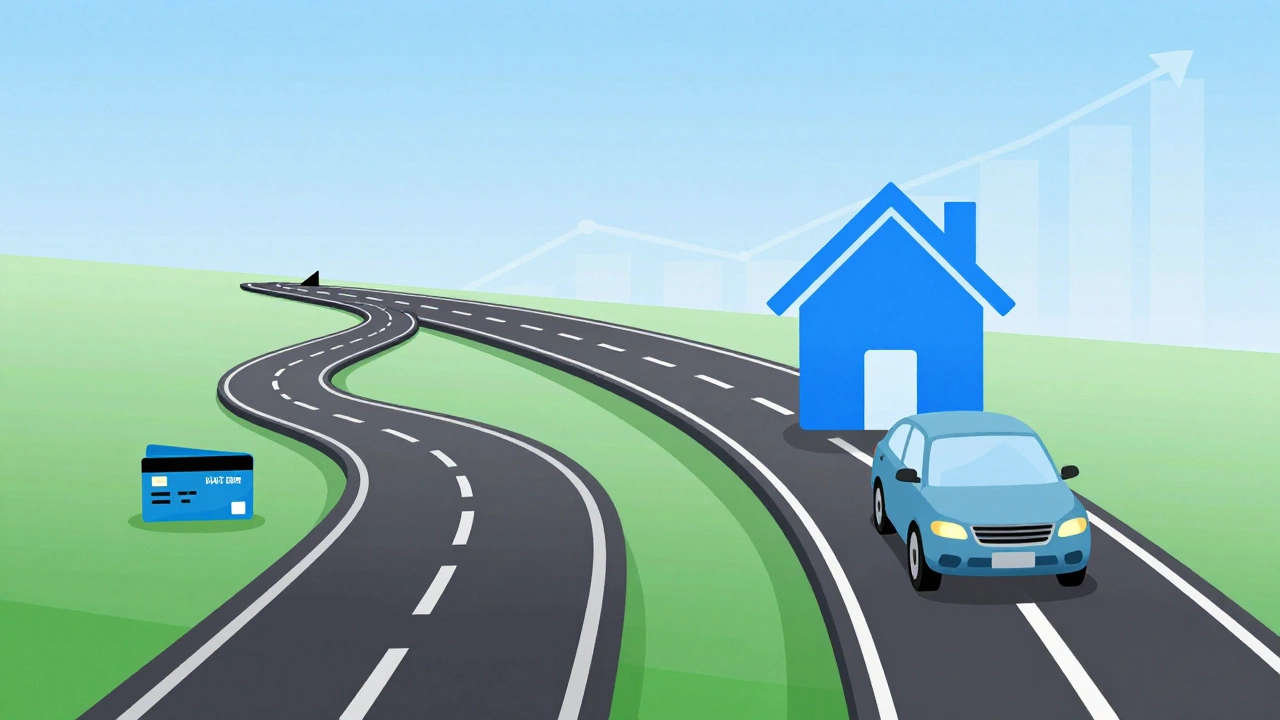 Conceptual illustration showing two paths: one stressful with closed accounts, one smooth leading to homeownership.