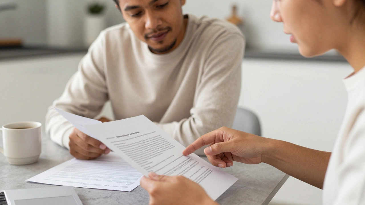 Couple calmly reviewing financial documents at a kitchen table, discussing mortgage options together.