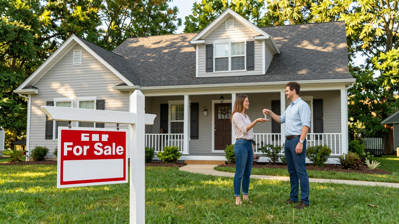 First-time homebuyer receiving keys from agent in front of house
