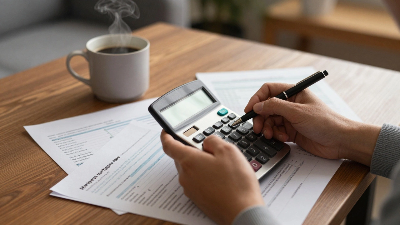 Hands calculating mortgage costs on a wooden desk
