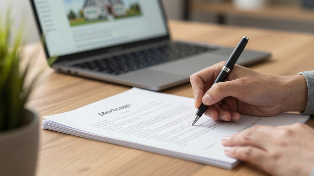 Hands signing mortgage papers on a wooden desk