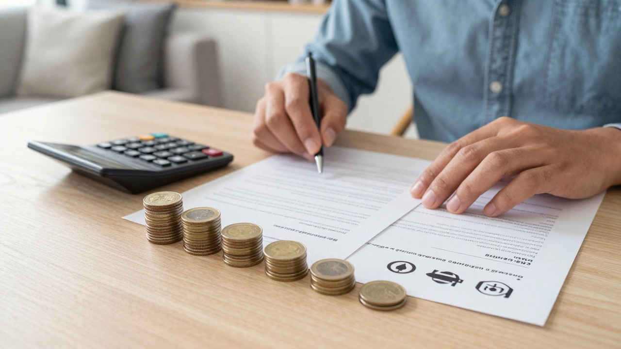 Homeowner calculating finances with equity coins and service charge bills