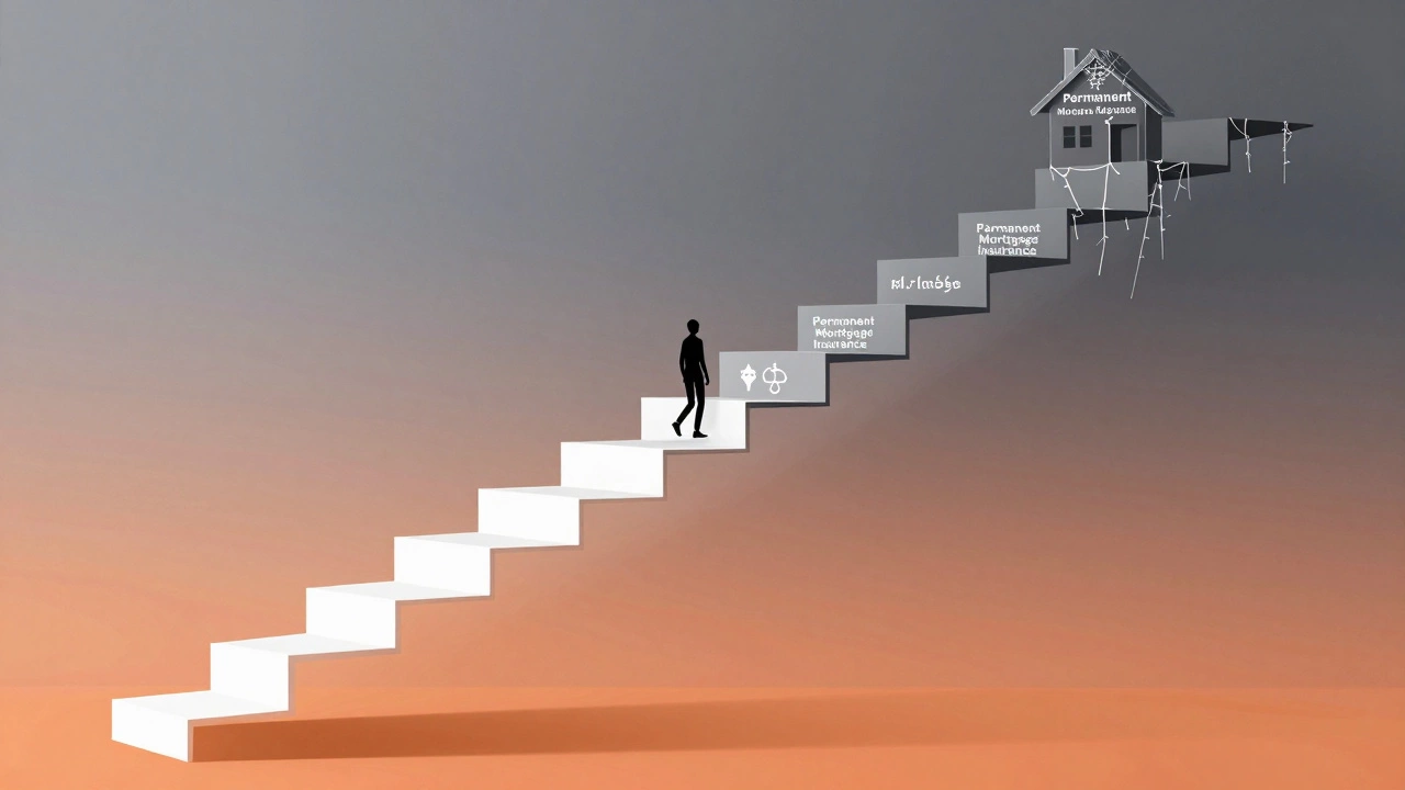 Illustration of a staircase turning into an endless web of permanent insurance costs