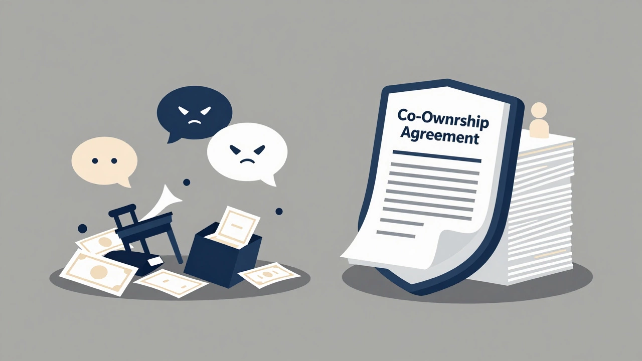 Legal agreement documents shielding a figure from chaos, illustrating risk mitigation strategies.