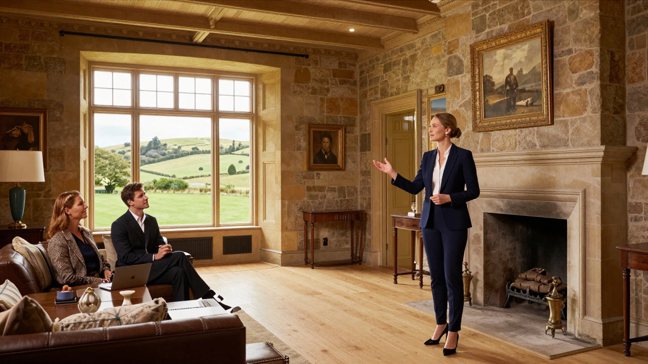 Luxury agent showing a grand manor house to clients in UK countryside