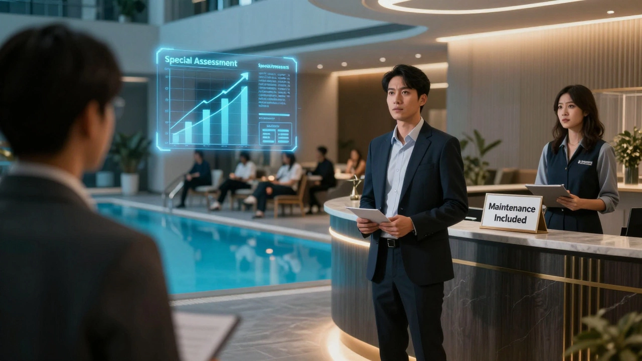 Luxury building amenities showing the contrast between landlord service and owner fees.