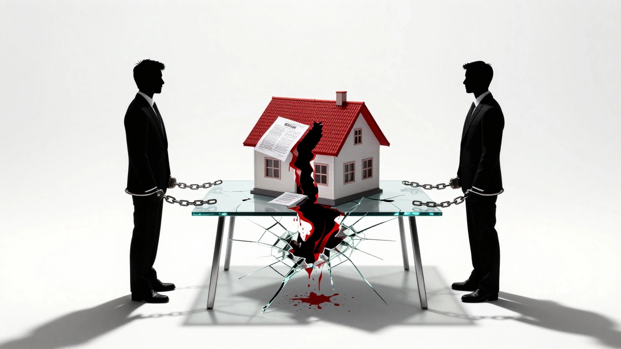 Silhouettes chained by red documents to a cracking house model, representing legal liabilities.