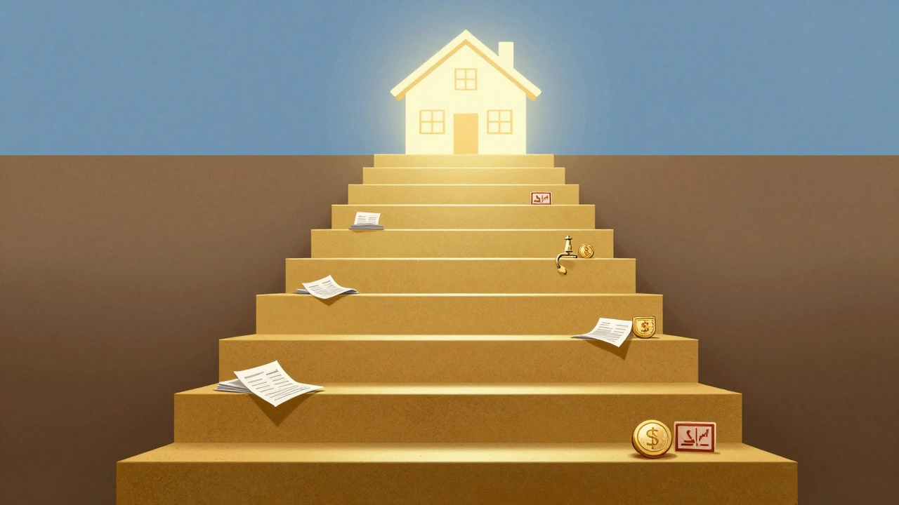 Staircase leading to a house with steps representing equity and transaction costs
