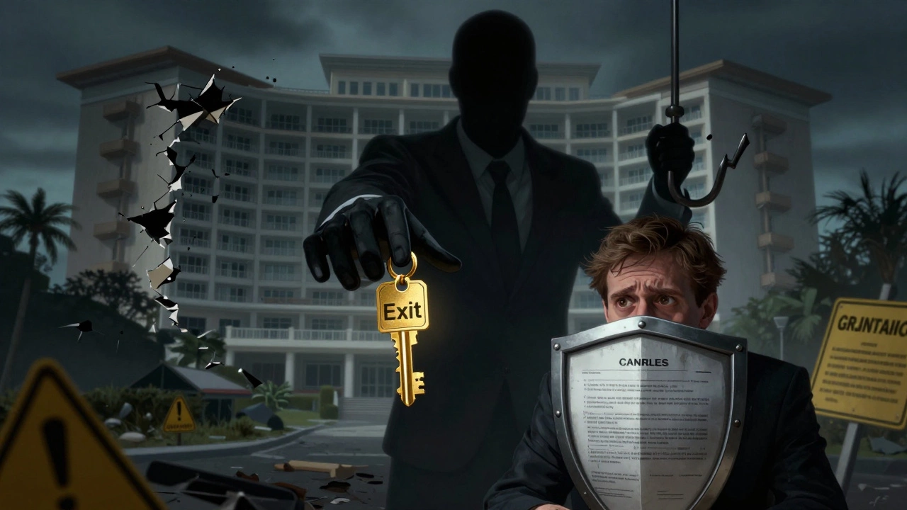 Symbolic art warning against fraudulent timeshare exit scams