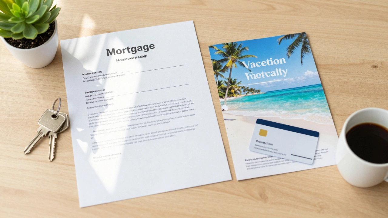 Close-up of house keys and mortgage docs versus vacation brochures on a wooden table.