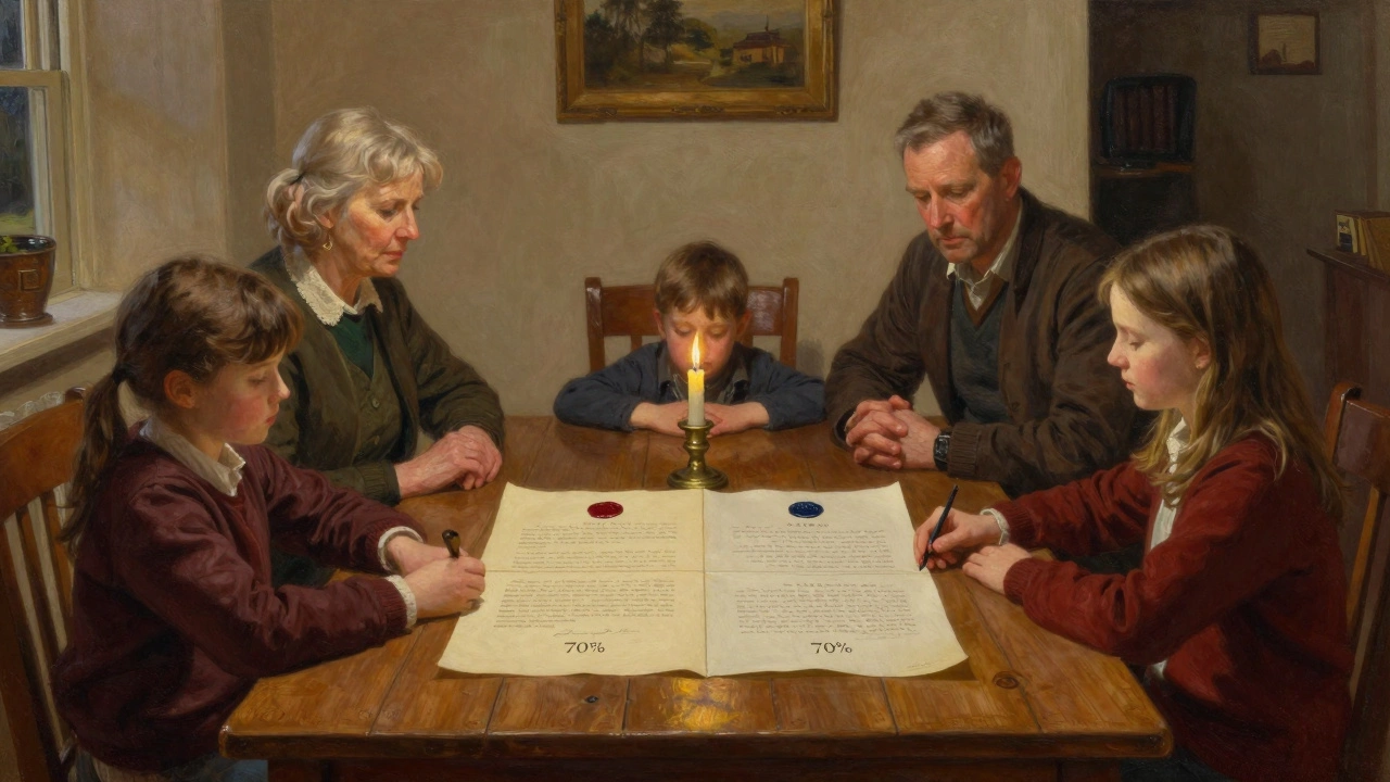 Family discussing property deeds with unequal shares at a dining table, illustrating tenancy in common.
