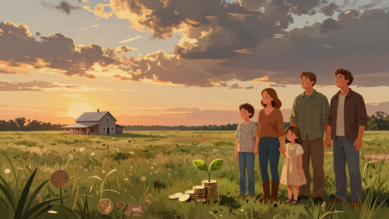 Family on spacious land plot symbolizing affordable housing opportunities