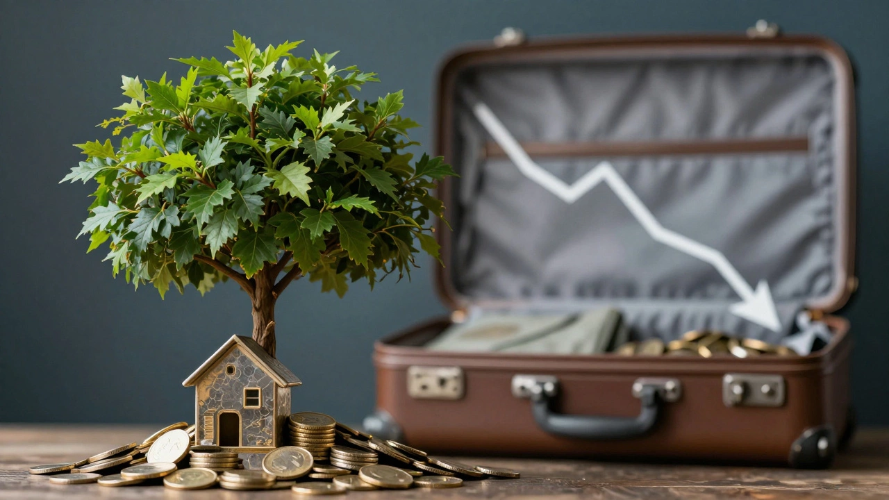 Metaphorical image of a money tree growing from a house versus a suitcase with a declining graph.