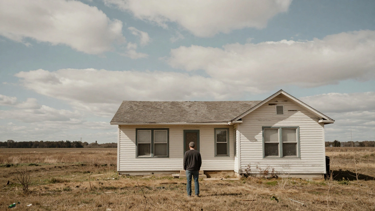 Person standing before a modest rural bungalow under cloudy sky