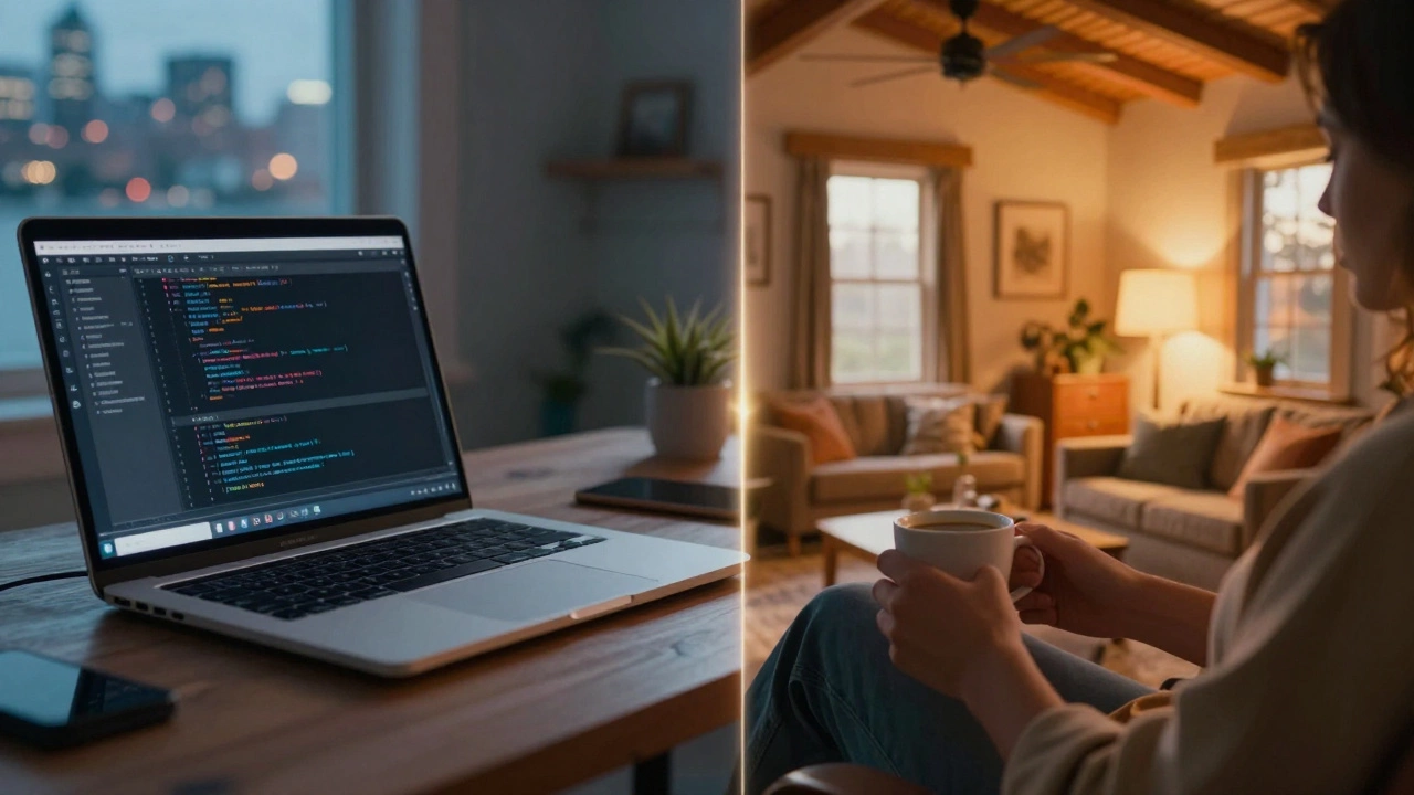 Remote worker enjoying low cost of living lifestyle in cozy rural home