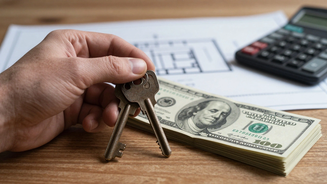 Rusty keys and cash on a table with blueprints in background